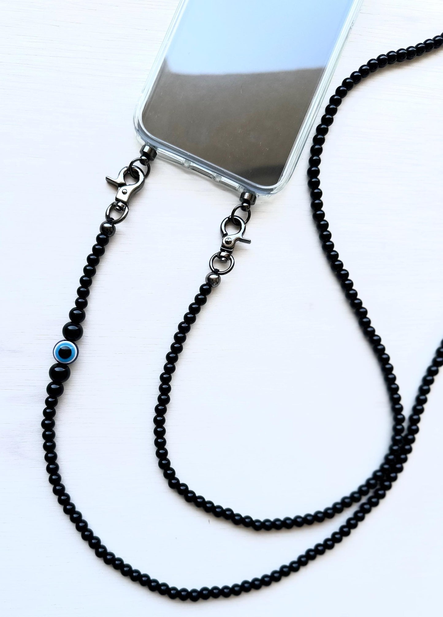 Evil Eye Black Quartz Beads Phone Strap•Crossbody Phone Strap•Phone Lanyard•Phone Charm•Festival Phone Accessories•Crossbody Beads•