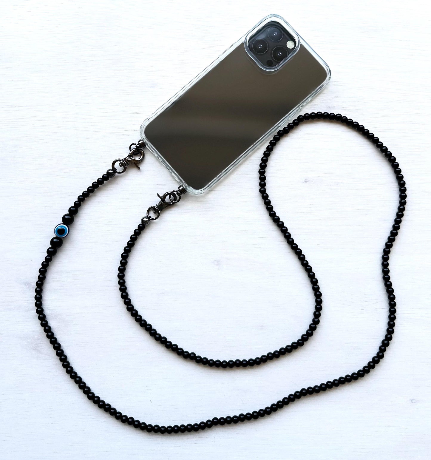 Evil Eye Black Quartz Beads Phone Strap•Crossbody Phone Strap•Phone Lanyard•Phone Charm•Festival Phone Accessories•Crossbody Beads•