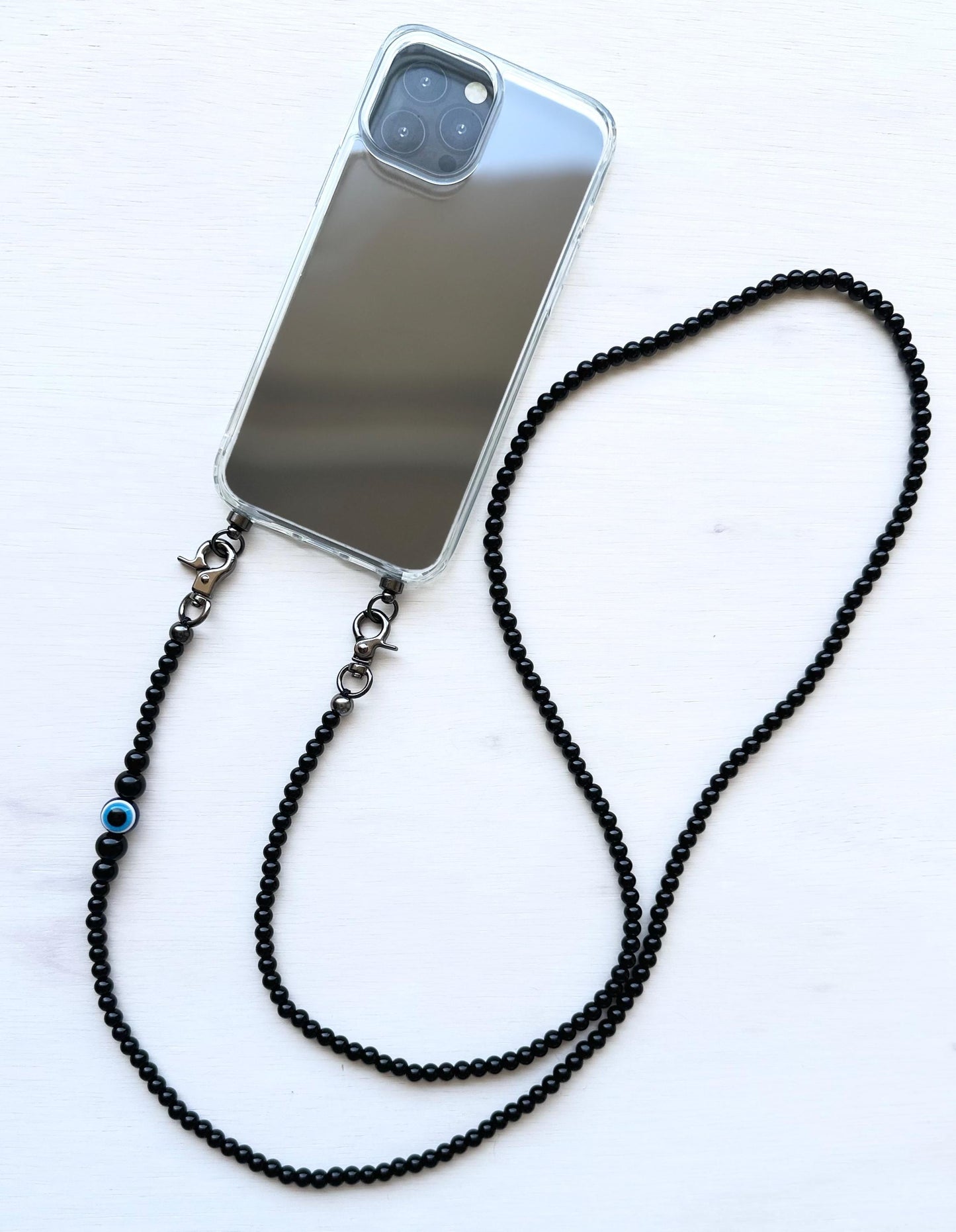 Evil Eye Black Quartz Beads Phone Strap•Crossbody Phone Strap•Phone Lanyard•Phone Charm•Festival Phone Accessories•Crossbody Beads•