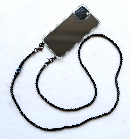 Evil Eye Black Quartz Beads Phone Strap•Crossbody Phone Strap•Phone Lanyard•Phone Charm•Festival Phone Accessories•Crossbody Beads•