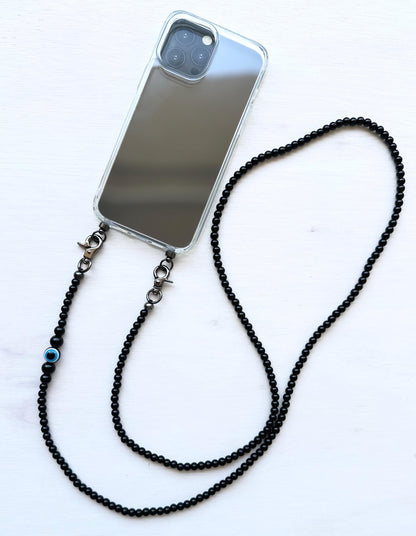 Evil Eye Black Quartz Beads Phone Strap•Crossbody Phone Strap•Phone Lanyard•Phone Charm•Festival Phone Accessories•Crossbody Beads•